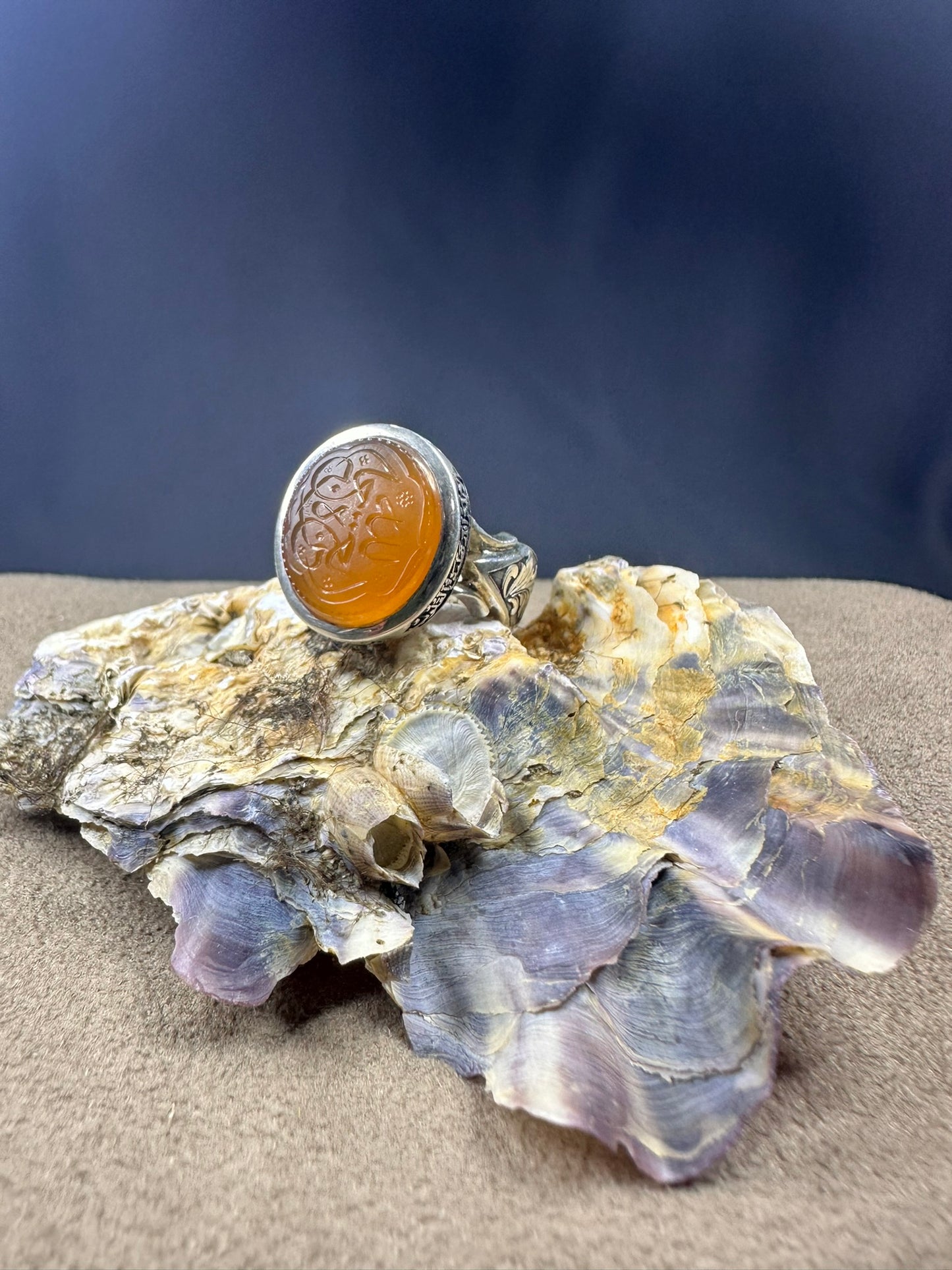 YEMENI ORANGE AQEEQ STERLING SILVER RING FOR MEN العزة لله