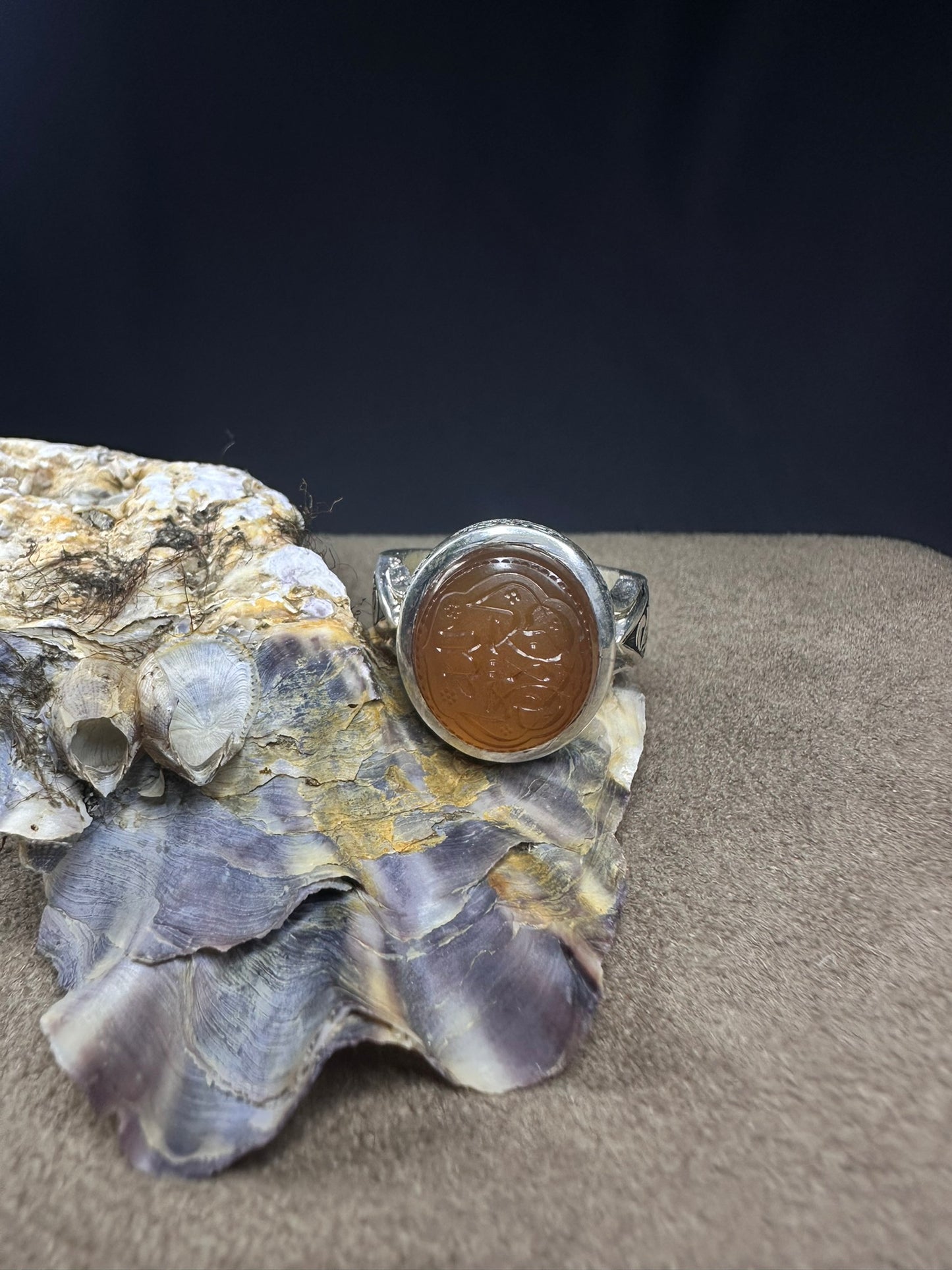 YEMENI ORANGE AQEEQ STERLING SILVER RING FOR MEN العزة لله