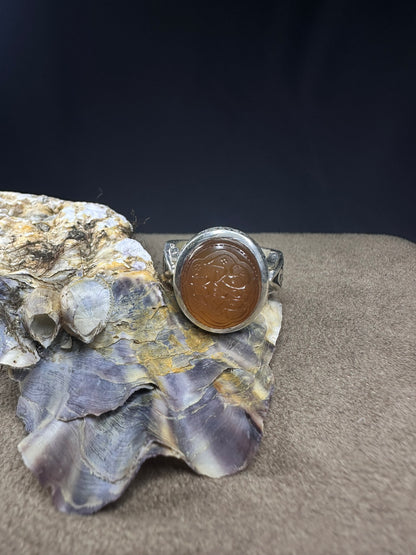 YEMENI ORANGE AQEEQ STERLING SILVER RING FOR MEN العزة لله