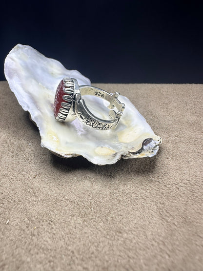 YEMENI RED AQEEQ STERLING SILVER RING FOR MEN FREE SIZE يا زهراء