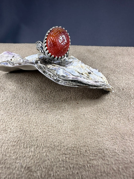 YEMENI ORANGE AQEEQ STERLING SILVER RING FOR MEN علي مع الحق