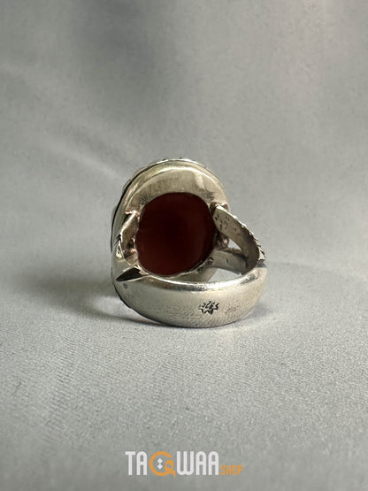 Red Yemeni Agate Aqeeq Oval Silver Ring