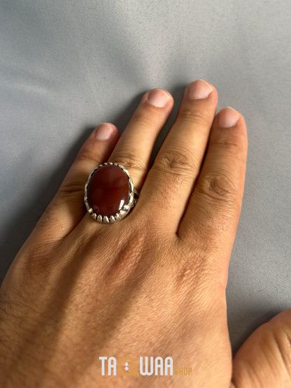 Red Yemeni Agate Aqeeq Oval Silver Ring
