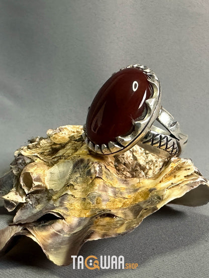 Red Yemeni Agate Aqeeq Oval Silver Ring